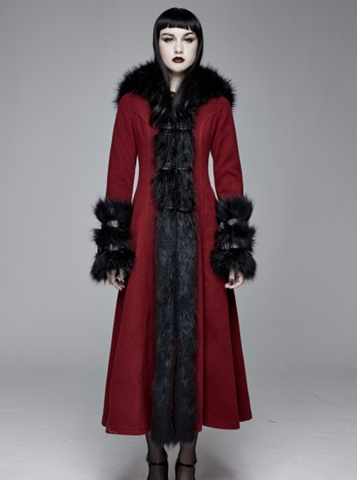 Gothic Style Simple Double-Sided Warm Wool Front Center Detachable Wool Strip Sleeve Ring Red Large Fur Collar Long Sleeve Coat
