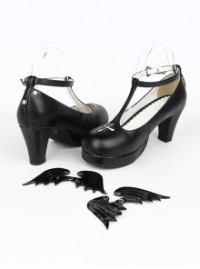 Halloween Sweet Cross Pattern Wings Versatile Gothic Lolita Round Toe Thick Sole High Heel Shoes