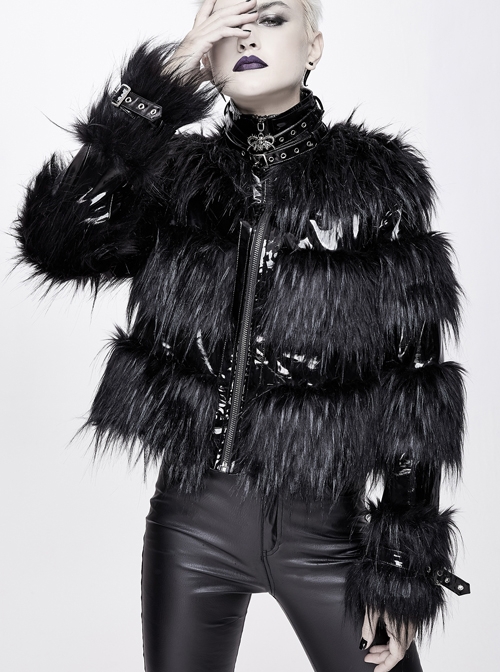 Punk Style Personality Long Wool Stitching Patent Leather Lining Warm Filling Cotton Black Stand Collar Long Sleeve Coat