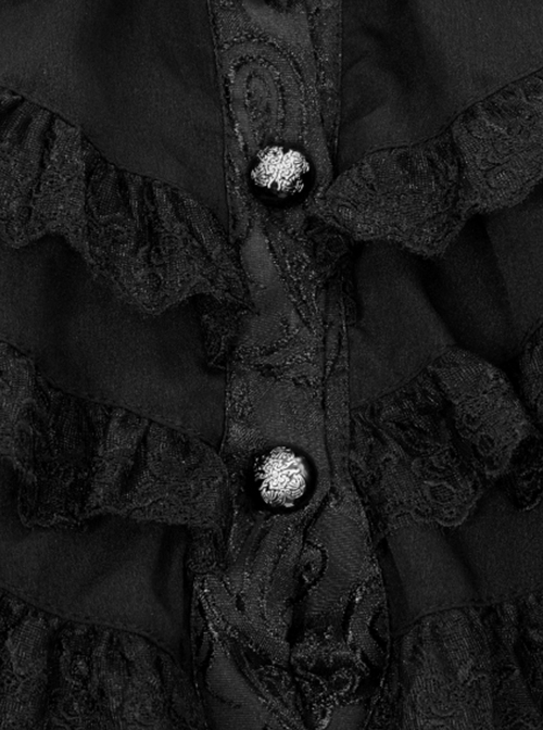 Gothic Style Palace Pattern Flocking Printed Fabric Chest Lace Ruffles Retro High Collar Black Trumpet Sleeve Jacquard Coat