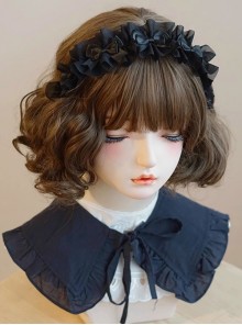 Handmade Versatile Black Lace Wrinkle Silk Texture Satin Black Ruffle Bowknot Gothic Lolita Hairband