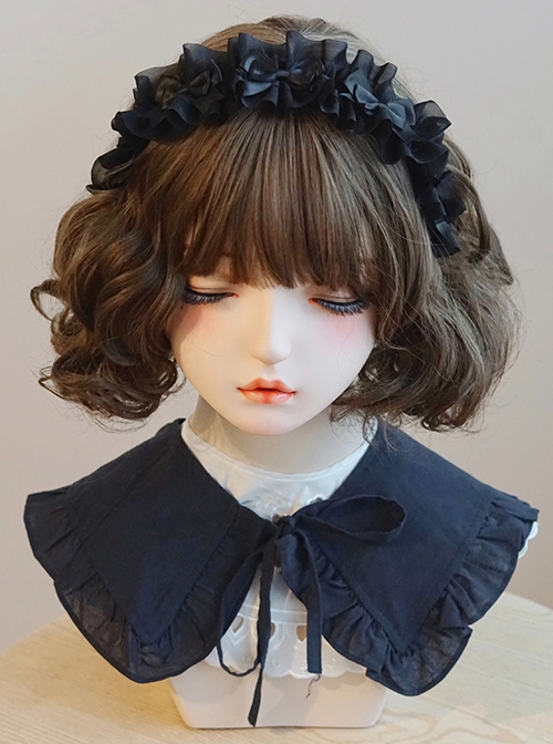 Handmade Versatile Black Lace Wrinkle Silk Texture Satin Black Ruffle Bowknot Gothic Lolita Hairband