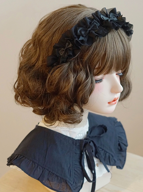 Handmade Versatile Black Lace Wrinkle Silk Texture Satin Black Ruffle Bowknot Gothic Lolita Hairband