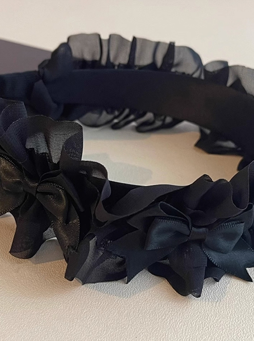 Handmade Versatile Black Lace Wrinkle Silk Texture Satin Black Ruffle Bowknot Gothic Lolita Hairband