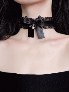Versatile Handmade Silk Yarn Ruffle Black Satin Ribbon Bowknot Little Bell Choker Gothic Lolita Necklace