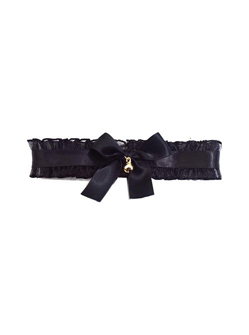 Versatile Handmade Silk Yarn Ruffle Black Satin Ribbon Bowknot Little Bell Choker Gothic Lolita Necklace