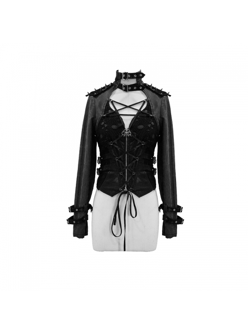 Punk Style Wild Hole Mesh Shoulder Metal Rivet Decoration Black High Collar Adjustable Coat