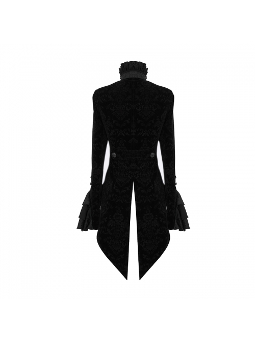 Gothic Style Palace Flocking Print Splicing Velvet Front Chest Lace Ruffles Black Retro High Collar Trumpet Sleeve Coat