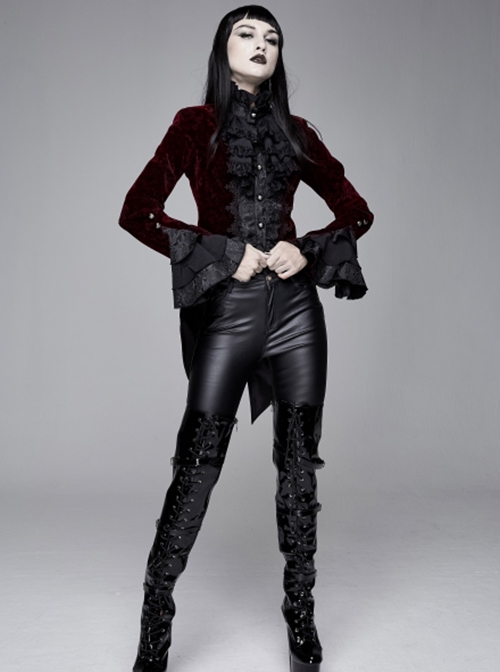 Gothic Style Palace Flocking Print Splicing Velvet Front Chest Lace Ruffles Wine Red Retro High Collar Trumpet Sleeve Coat
