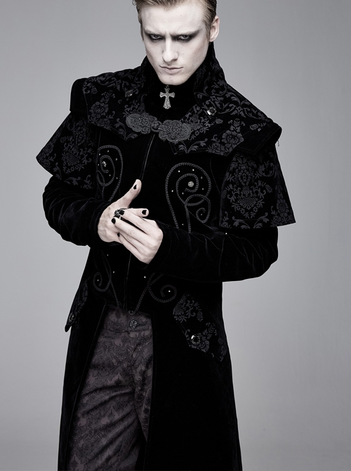 Gothic Style Exquisite Simple Velvet Printed Fabric Waist Hand Embroidery With Cross Rivets Black Long Sleeved Stand Collar Coat