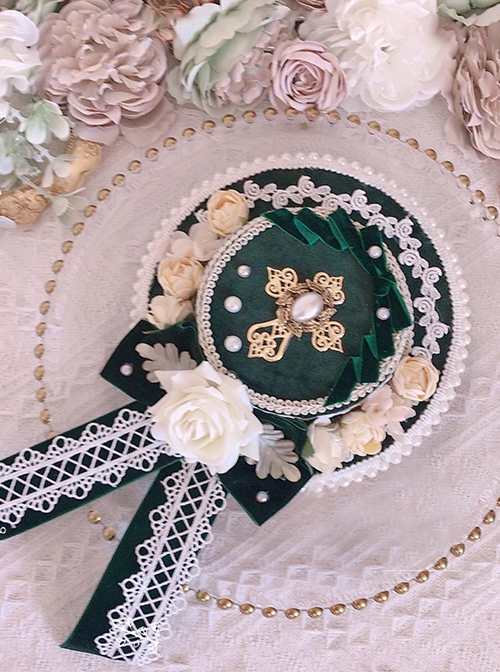 Gorgeous Palace Style Rose Velvet Emerald Green Ribbon Bowknot Lace Pearl Classic Lolita Small Flat Hat