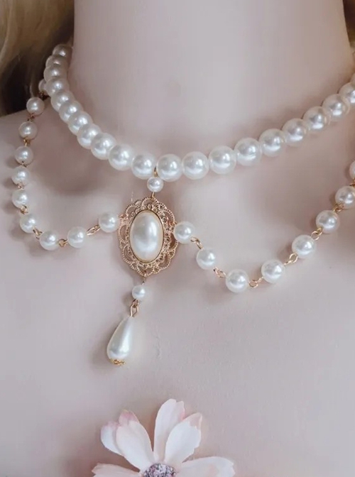 Elegant Wealthy French Palace Style Classic Lolita White Pearl Versatile Pendant Chain Necklace