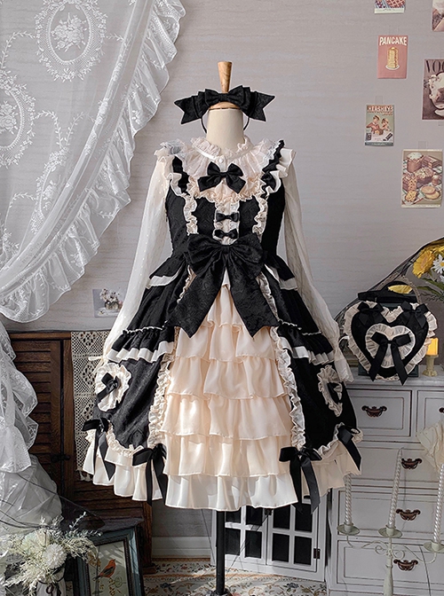 Concerto Of Love Series Gorgeous Black White Heart Chiffon Fluffy Ruffle Bowknot Sweet Lolita Sleeveless Dress