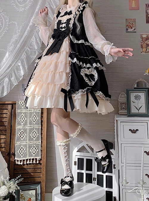 Concerto Of Love Series Gorgeous Black White Heart Chiffon Fluffy Ruffle Bowknot Sweet Lolita Sleeveless Dress