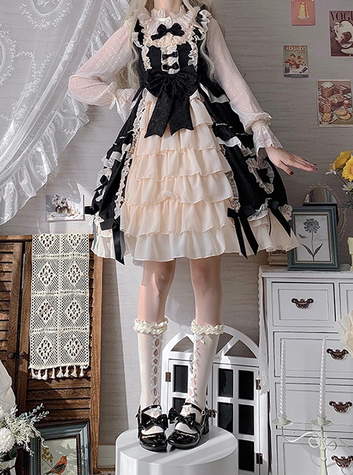 Concerto Of Love Series Gorgeous Black White Heart Chiffon Fluffy Ruffle Bowknot Sweet Lolita Sleeveless Dress