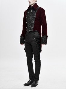 Gothic Retro Velvet Stitching Jacquard Chest Gorgeous Embroidery With Glass Buttons Burgundy Warm Coat