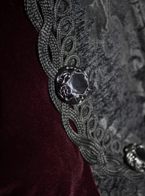 Gothic Retro Velvet Stitching Jacquard Chest Gorgeous Embroidery With Glass Buttons Burgundy Warm Coat