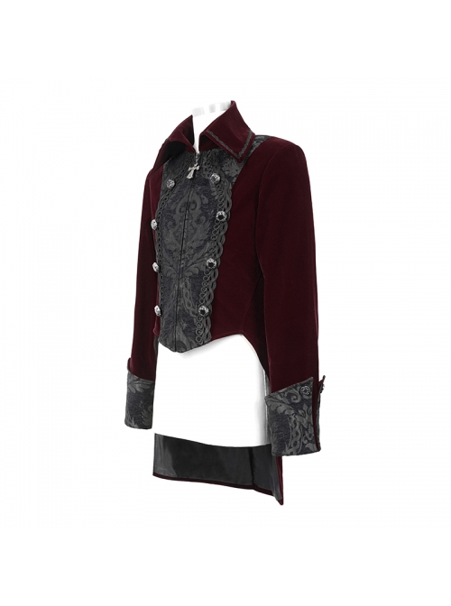 Gothic Retro Velvet Stitching Jacquard Chest Gorgeous Embroidery With Glass Buttons Burgundy Warm Coat