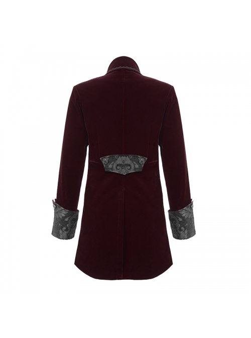 Gothic Retro Velvet Stitching Jacquard Chest Gorgeous Embroidery With Glass Buttons Burgundy Warm Coat