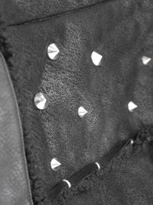 Punk Style Warm Retro Wool Front Center Stitching Lapel With Hole Metal Rivet Decoration Black Thickened Coat