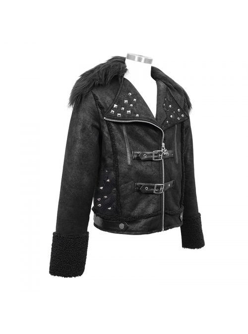 Punk Style Warm Retro Wool Front Center Stitching Lapel With Hole Metal Rivet Decoration Black Thickened Coat