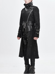 Punk Style Personalized Glue Stitching Hand Polished Leather Adjustable Collar Metal Buckle Black Warm Long Coat