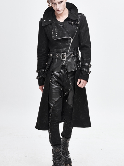 Punk Style Personalized Glue Stitching Hand Polished Leather Adjustable Collar Metal Buckle Black Warm Long Coat