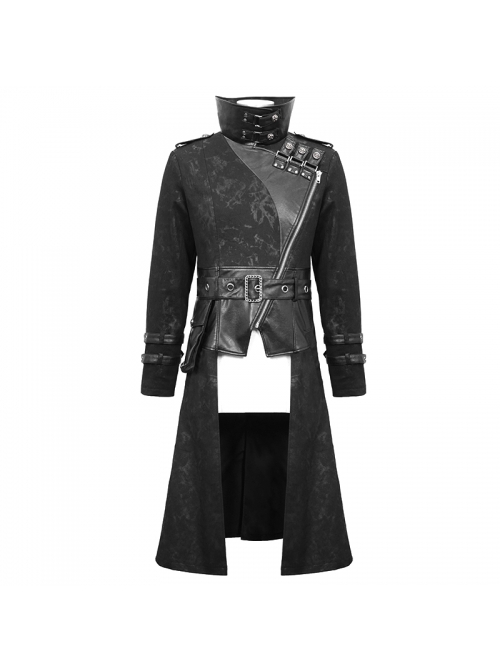 Punk Style Personalized Glue Stitching Hand Polished Leather Adjustable Collar Metal Buckle Black Warm Long Coat