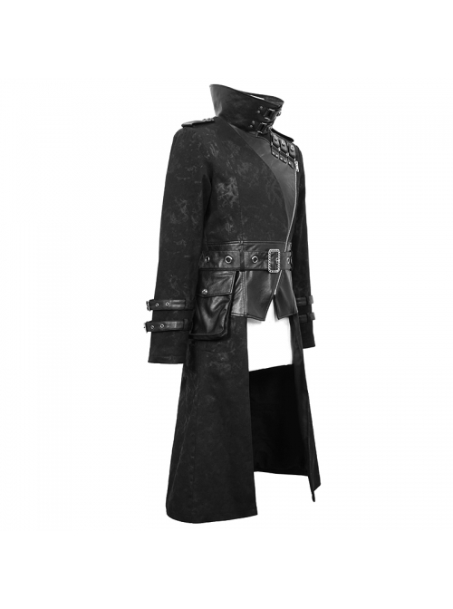 Punk Style Personalized Glue Stitching Hand Polished Leather Adjustable Collar Metal Buckle Black Warm Long Coat