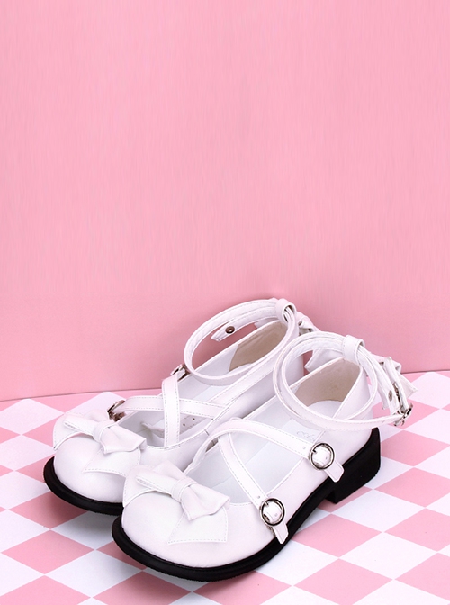 Princess Style Pearlescent Cute Sweet Lolita Bowknot Cross Shoelaces Round Toe Low Heel Soft Sole Mary Jane Shoes