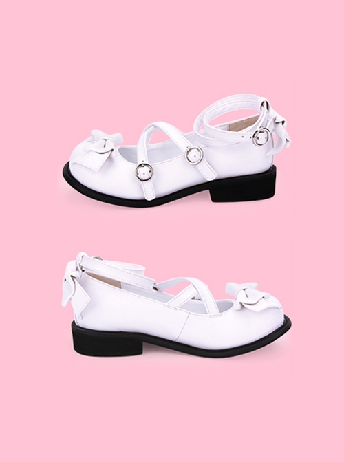 Princess Style Pearlescent Cute Sweet Lolita Bowknot Cross Shoelaces Round Toe Low Heel Soft Sole Mary Jane Shoes