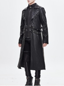 Punk Style Three Dimensional Twill Lapel Metal Ring Eyelet Decorated Black Long Leather Coat