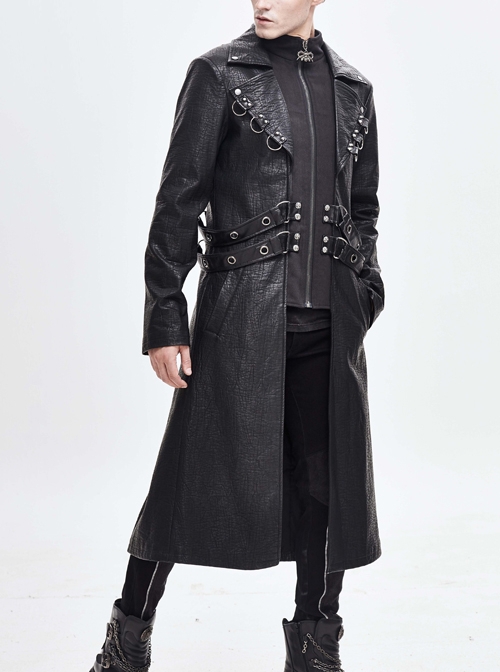 Punk Style Three Dimensional Twill Lapel Metal Ring Eyelet Decorated Black Long Leather Coat