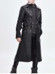 Punk Style Three Dimensional Twill Lapel Metal Ring Eyelet Decorated Black Long Leather Coat