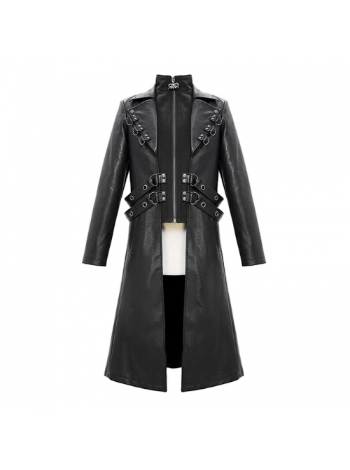 Punk Style Three Dimensional Twill Lapel Metal Ring Eyelet Decorated Black Long Leather Coat