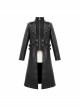 Punk Style Three Dimensional Twill Lapel Metal Ring Eyelet Decorated Black Long Leather Coat