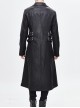 Punk Style Three Dimensional Twill Lapel Metal Ring Eyelet Decorated Black Long Leather Coat