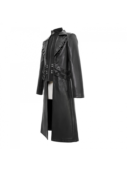 Punk Style Three Dimensional Twill Lapel Metal Ring Eyelet Decorated Black Long Leather Coat