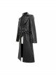 Punk Style Three Dimensional Twill Lapel Metal Ring Eyelet Decorated Black Long Leather Coat