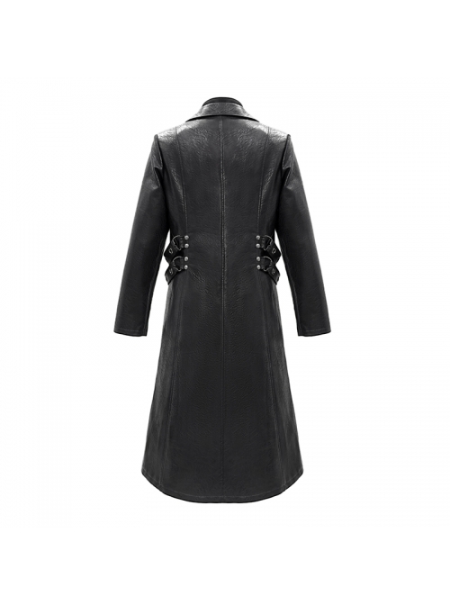 Punk Style Three Dimensional Twill Lapel Metal Ring Eyelet Decorated Black Long Leather Coat