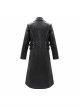 Punk Style Three Dimensional Twill Lapel Metal Ring Eyelet Decorated Black Long Leather Coat