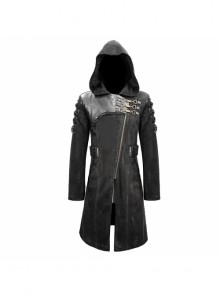 Punk Style Personality Asymmetrical Diagonal Metal Buckle Decoration Shoulder Eyelet Tie Rope Black Twill Hooded Coat
