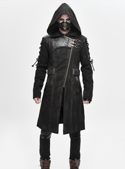 Punk Style Personality Asymmetrical Diagonal Metal Buckle Decoration Shoulder Eyelet Tie Rope Black Twill Hooded Coat