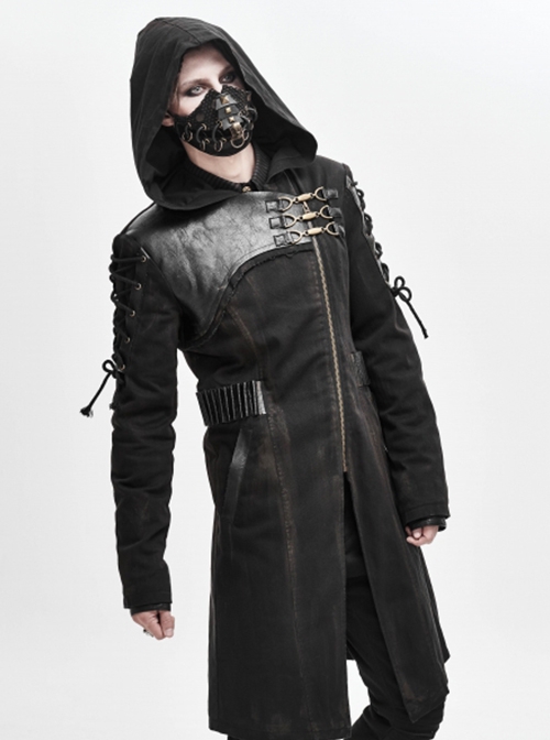 Punk Style Personality Asymmetrical Diagonal Metal Buckle Decoration Shoulder Eyelet Tie Rope Black Twill Hooded Coat