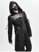 Punk Style Personality Asymmetrical Diagonal Metal Buckle Decoration Shoulder Eyelet Tie Rope Black Twill Hooded Coat