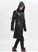 Punk Style Personality Asymmetrical Diagonal Metal Buckle Decoration Shoulder Eyelet Tie Rope Black Twill Hooded Coat