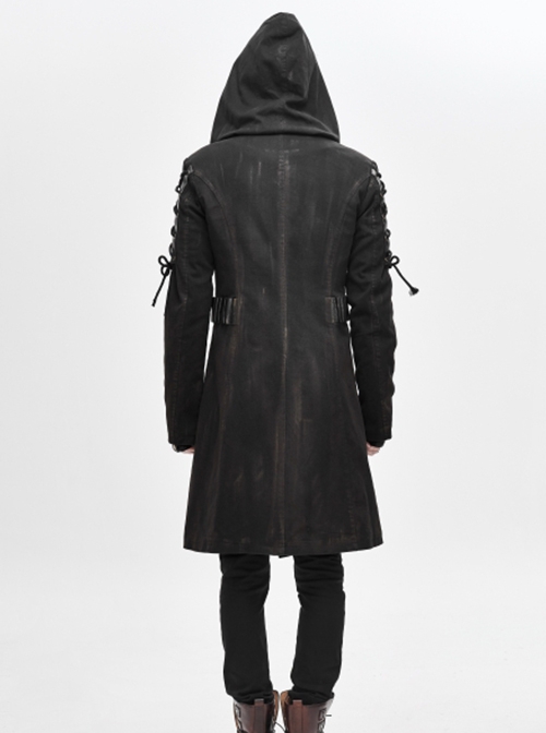 Punk Style Personality Asymmetrical Diagonal Metal Buckle Decoration Shoulder Eyelet Tie Rope Black Twill Hooded Coat