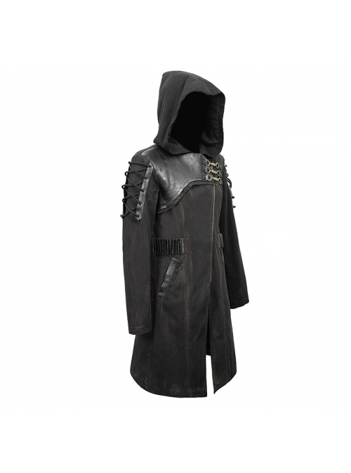 Punk Style Personality Asymmetrical Diagonal Metal Buckle Decoration Shoulder Eyelet Tie Rope Black Twill Hooded Coat