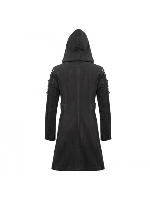 Punk Style Personality Asymmetrical Diagonal Metal Buckle Decoration Shoulder Eyelet Tie Rope Black Twill Hooded Coat