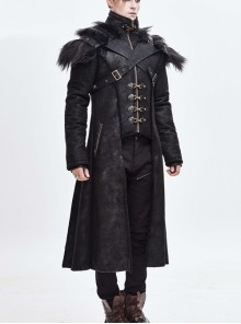 Punk Style Handsome Short Haired Single Layer Warm Front Chest Ring Detachable Black Fur Shawl Long Coat